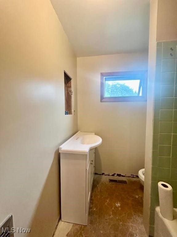 116 Euclid Pl, Marietta, OH 45750 - bathroom with vanity and vaulted ceiling