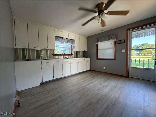 14782 Hametown Rd, Doylestown, OH 44230 - kitchen featuring wood finished floors, a ceiling fan, healthy amount of natural light, and white cabinets