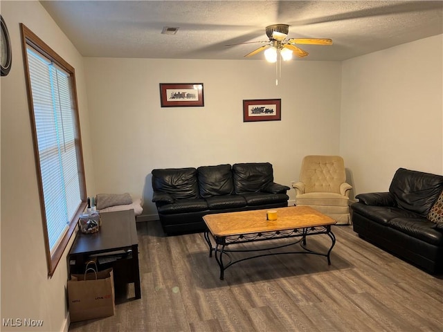 678 Highland Dr, Lodi, OH 44254 - living room featuring wood finished floors, ceiling fan, and a textured ceiling