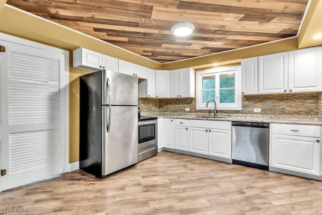 2968 Hayne Rd, Akron, OH 44312 - kitchen with stainless steel appliances, wooden ceiling, white cabinets, light stone countertops, and light wood finished floors