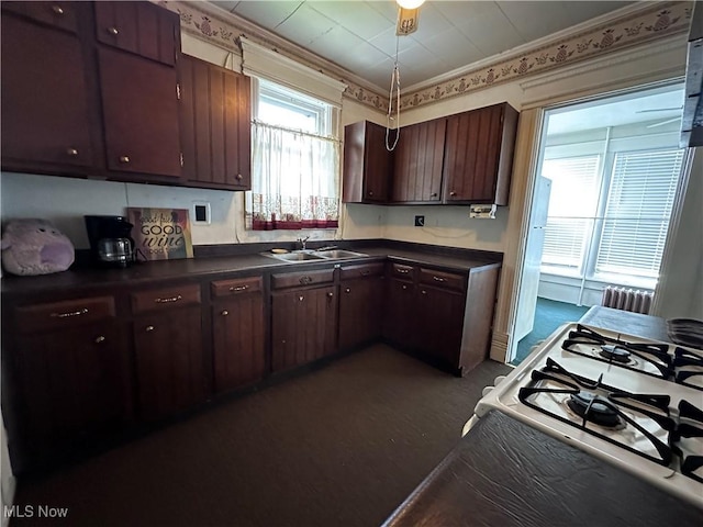 625 Main St, Caldwell, OH 43724 - kitchen with dark countertops, white gas stove, dark wood-type flooring, and dark brown cabinets