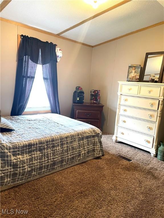 310 Jackson St, Minerva, OH 44657 - carpeted bedroom with ornamental molding and vaulted ceiling