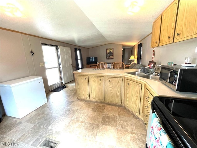 310 Jackson St, Minerva, OH 44657 - kitchen with stainless steel microwave, a peninsula, refrigerator, black range with electric cooktop, and vaulted ceiling