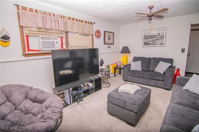 191 Ridgeland Dr, Toronto, OH 43964 - living area with carpet, a textured ceiling, a ceiling fan, a wainscoted wall, and cooling unit