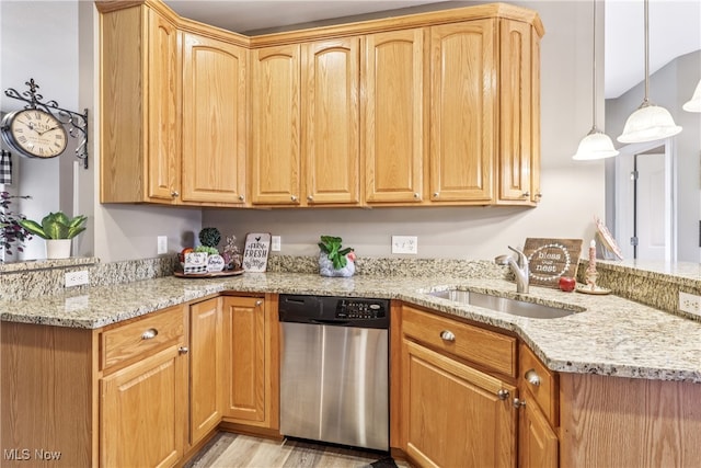 2395 Tremont Ave, Cleveland, OH 44113 - kitchen featuring dishwasher, a peninsula, light stone countertops, light wood finished floors, and pendant lighting