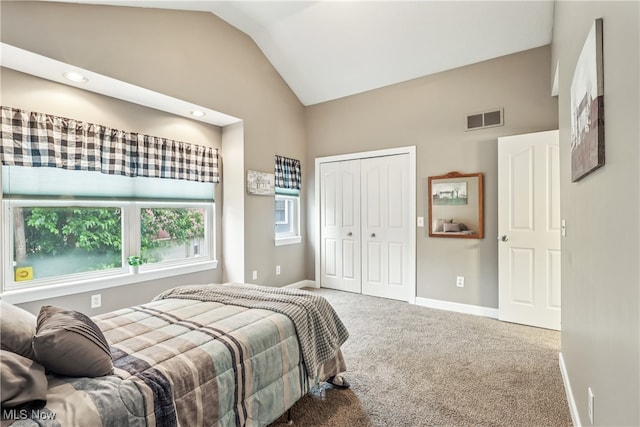 2395 Tremont Ave, Cleveland, OH 44113 - carpeted bedroom featuring vaulted ceiling, a closet, and recessed lighting