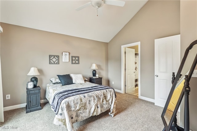 2395 Tremont Ave, Cleveland, OH 44113 - carpeted bedroom with ceiling fan, high vaulted ceiling, and ensuite bath