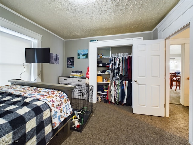 237 E Thornton St, Akron, OH 44311 - carpeted bedroom with crown molding, a closet, and a textured ceiling