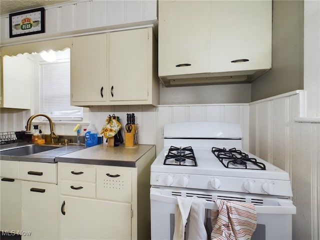 237 E Thornton St, Akron, OH 44311 - kitchen featuring gas range gas stove, a wainscoted wall, under cabinet range hood, and dark countertops