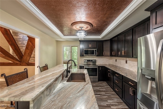1915 Claus Rd, Vermilion, OH 44089 - kitchen with stainless steel appliances, a tray ceiling, dark wood-type flooring, light stone counters, and tasteful backsplash