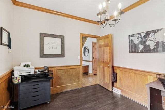 1101 Partridge Dr, Wadsworth, OH 44281 - office featuring wainscoting, crown molding, a chandelier, and dark wood-style floors