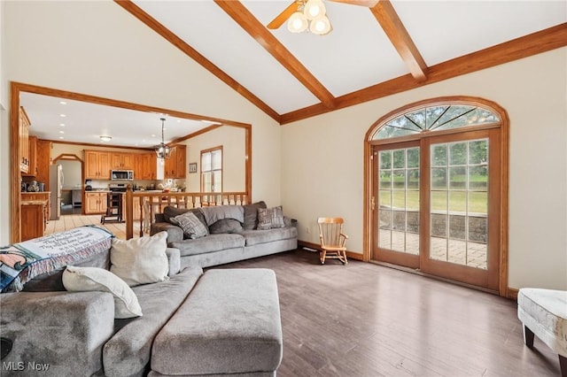 1101 Partridge Dr, Wadsworth, OH 44281 - living area featuring beam ceiling, light wood finished floors, high vaulted ceiling, and recessed lighting