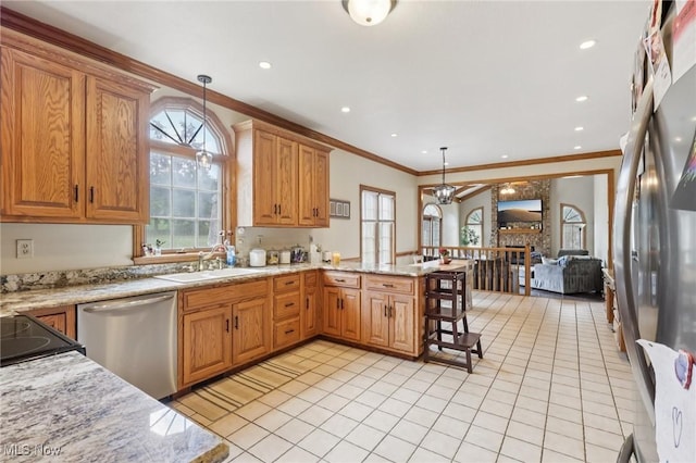 1101 Partridge Dr, Wadsworth, OH 44281 - kitchen featuring appliances with stainless steel finishes, a peninsula, light tile patterned floors, crown molding, and pendant lighting