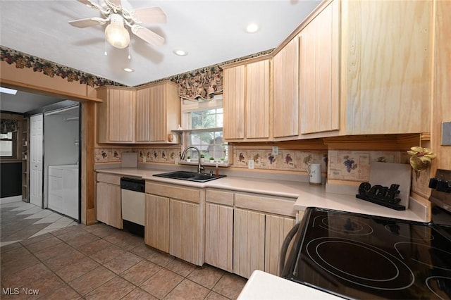 517 Broad Ave NW, Canton, OH 44708 - kitchen with black electric range oven, light brown cabinetry, stainless steel dishwasher, light countertops, and recessed lighting