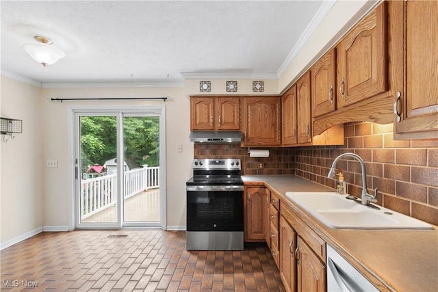 254 Eastern Rd, Doylestown, OH 44230 - kitchen with stainless steel range with electric stovetop, under cabinet range hood, ornamental molding, brick floors, and white dishwasher