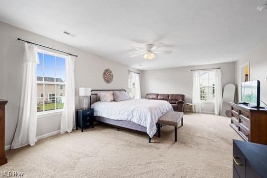 1932 Pinewood Ln, Painesville, OH 44077 - carpeted bedroom with multiple windows and a ceiling fan