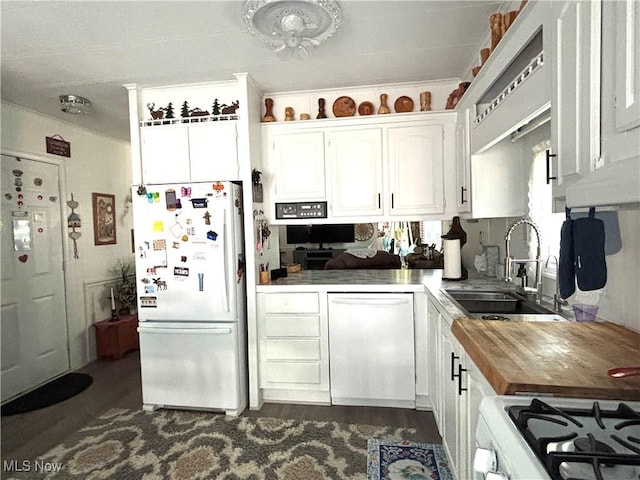 1229 Columbiana Lisbon Rd Unit 104, Columbiana, OH 44408 - kitchen with white appliances, wood counters, white cabinets, and dark wood-style flooring