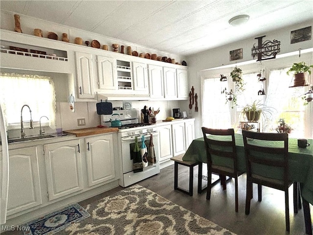 1229 Columbiana Lisbon Rd Unit 104, Columbiana, OH 44408 - kitchen with white range with gas cooktop, white cabinetry, open shelves, and dark wood-style flooring