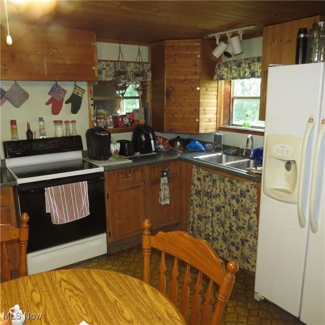 4018 Steubenville Rd SE, Amsterdam, OH 43903 - kitchen featuring white refrigerator with ice dispenser, range with electric cooktop, brown cabinets, wood ceiling, and dark countertops