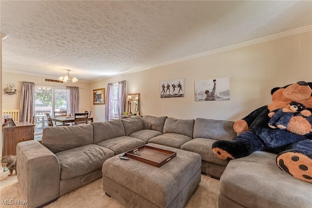 530 N Scranton St, Ravenna, OH 44266 - living room featuring crown molding, light colored carpet, a chandelier, and a textured ceiling