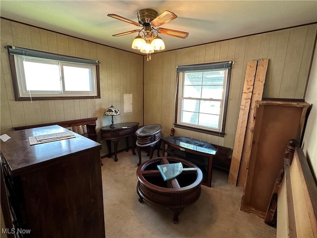 4013 E 29th St, Newburgh Heights, OH 44105 - office with wooden walls, ceiling fan, and light colored carpet
