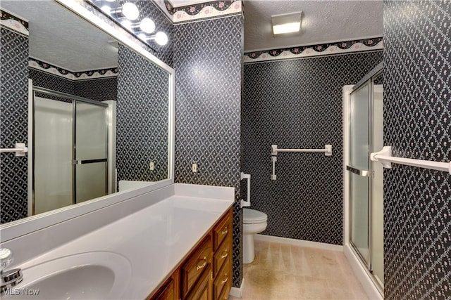 189 Park Place Dr, Wadsworth, OH 44281 - full bathroom with a textured ceiling, a stall shower, vanity, and wallpapered walls