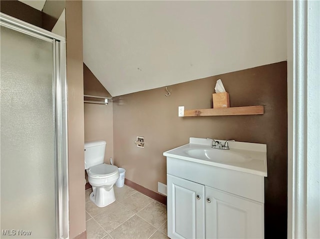 5519 4th Ave, Vienna, WV 26105 - full bath with a stall shower, vanity, tile patterned floors, and vaulted ceiling