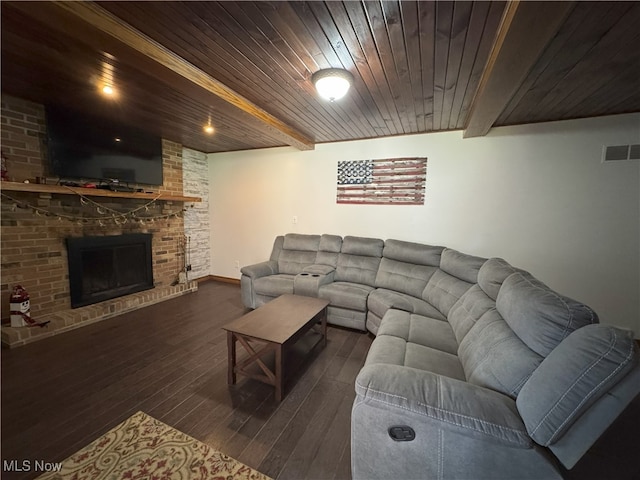 607 Wyndclift Cir, Austintown, OH 44515 - living area featuring dark wood-style floors, a wood ceiling with exposed beams, and a fireplace
