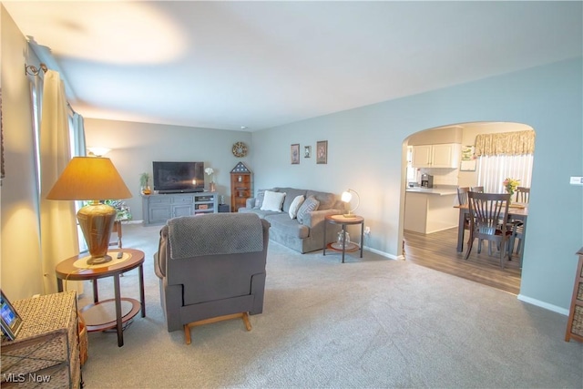 214 1st St, Huron, OH 44839 - living room featuring light carpet and arched walkways