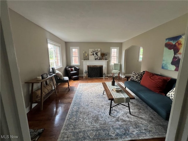 2016 Spring Ave NE, Canton, OH 44714 - living area with healthy amount of natural light, a high end fireplace, dark wood-style flooring, and arched walkways