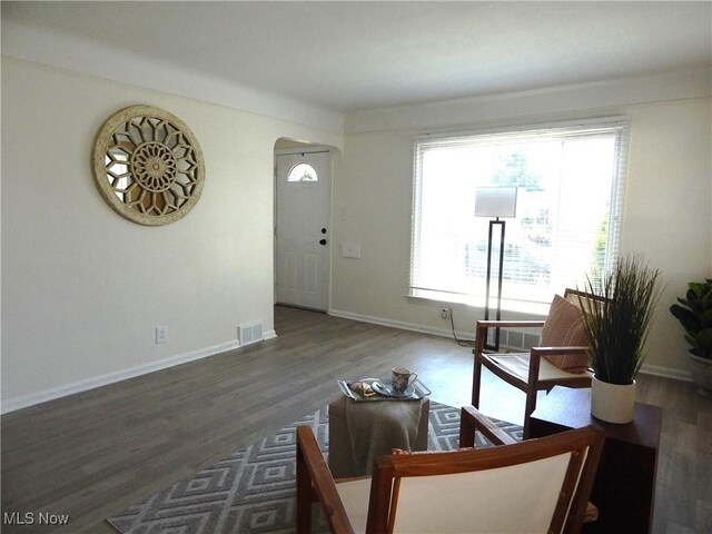 6012 Sunderland Dr, Parma, OH 44129 - living room featuring arched walkways and wood finished floors