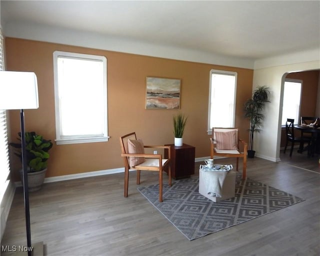 6012 Sunderland Dr, Parma, OH 44129 - living area featuring arched walkways and wood finished floors