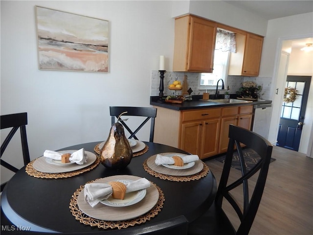 6012 Sunderland Dr, Parma, OH 44129 - kitchen with wood finished floors, backsplash, dark countertops, and dishwasher