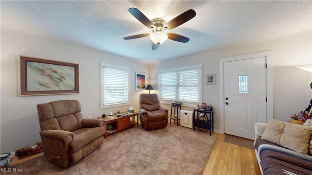 500 Elm St, Belpre, OH 45714 - living area with light wood-type flooring, a ceiling fan, a textured ceiling, and ornamental molding