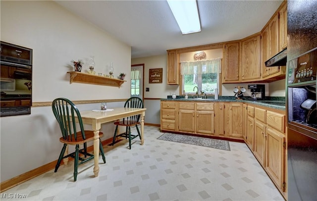5882 Crooked Run Rd SW, New Philadelphia, OH 44663 - kitchen with dark countertops, light floors, under cabinet range hood, and fridge