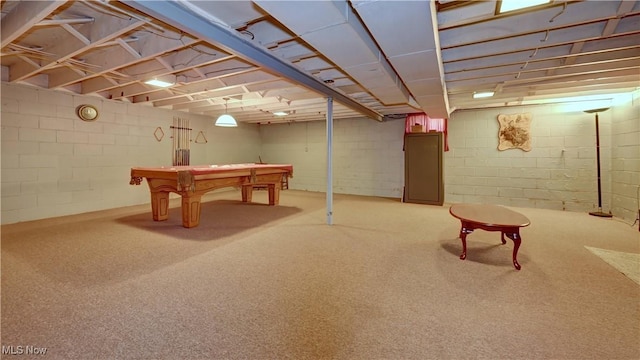 5882 Crooked Run Rd SW, New Philadelphia, OH 44663 - below grade area with pool table, carpet floors, and concrete block wall