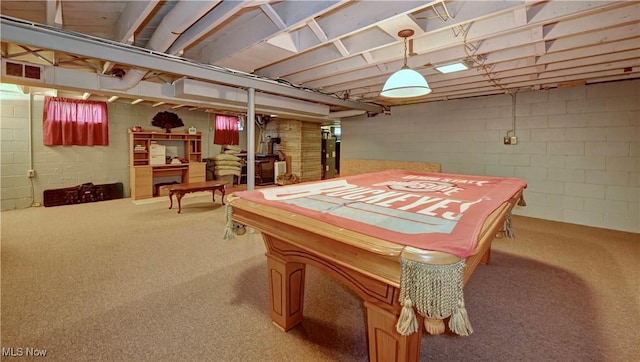 5882 Crooked Run Rd SW, New Philadelphia, OH 44663 - recreation room featuring billiards table, light colored carpet, and concrete block wall