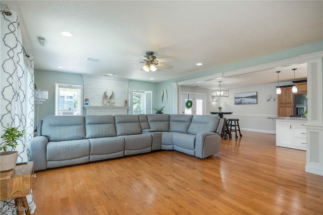 31 Anns Dr, Vienna, WV 26105 - living area featuring light wood-style floors, ceiling fan, and recessed lighting