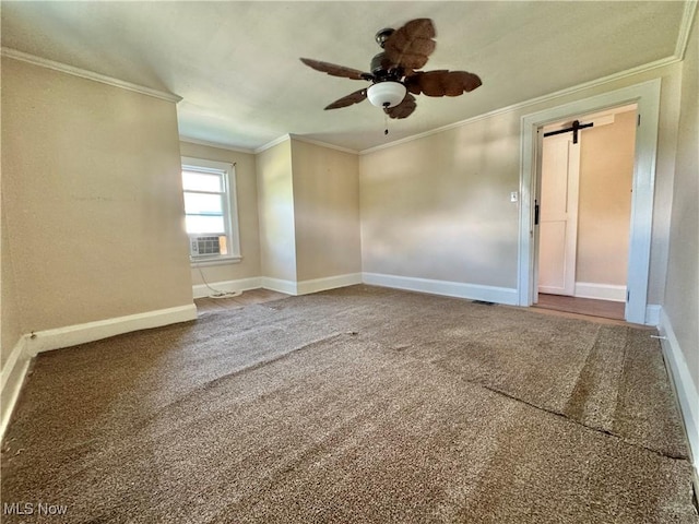 825 Summit St, Salem, OH 44460 - unfurnished room with carpet floors, ornamental molding, ceiling fan, a barn door, and cooling unit