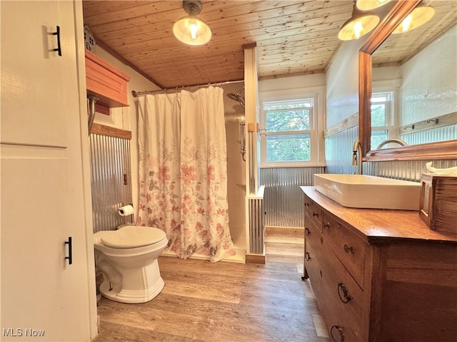 825 Summit St, Salem, OH 44460 - full bathroom featuring wood finished floors, vanity, curtained shower, and wooden ceiling