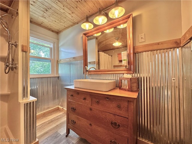 825 Summit St, Salem, OH 44460 - full bathroom with wood finished floors, vanity, wainscoting, and wood ceiling