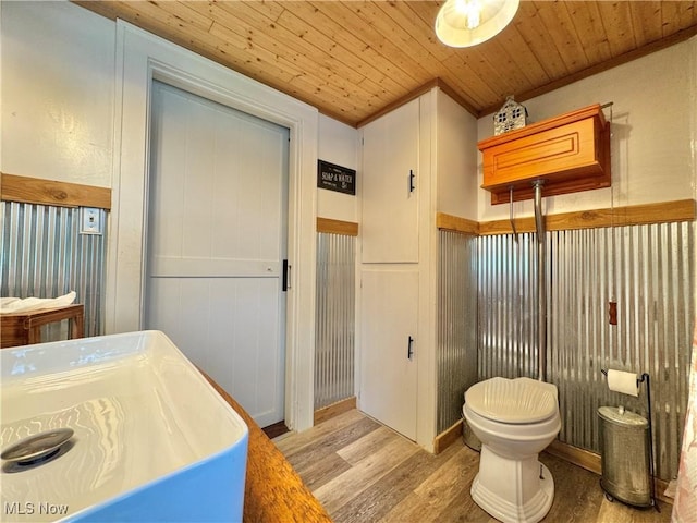 825 Summit St, Salem, OH 44460 - bathroom with wooden ceiling, wood finished floors, a wainscoted wall, and crown molding