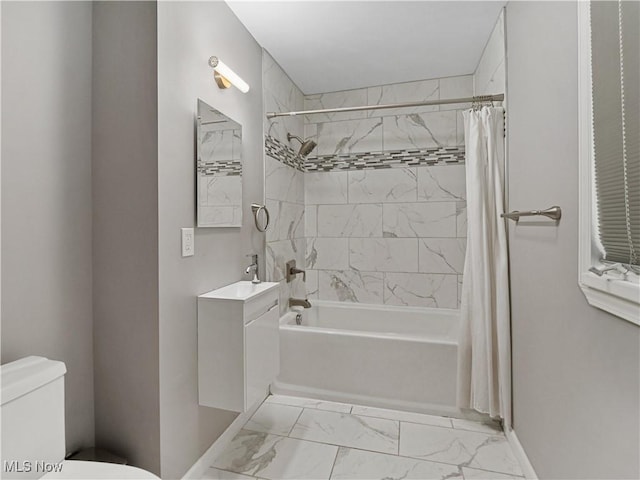 5265 Bellview St, Maple Heights, OH 44137 - full bath featuring marble finish flooring, shower / tub combo with curtain, and vanity