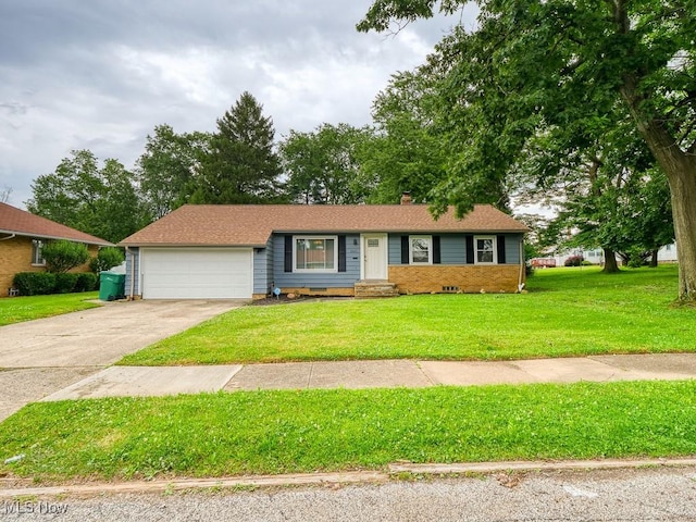 5265 Bellview St, Maple Heights, OH 44137 - ranch-style house with an attached garage, a chimney, concrete driveway, a front lawn, and entry steps