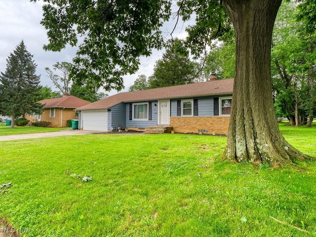 5265 Bellview St, Maple Heights, OH 44137 - ranch-style house with an attached garage, asphalt driveway, a chimney, a front lawn, and brick siding