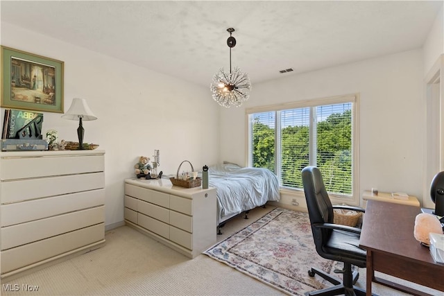 112 Caraplace, Wintersville, OH 43953 - bedroom with light carpet, a desk, and a chandelier