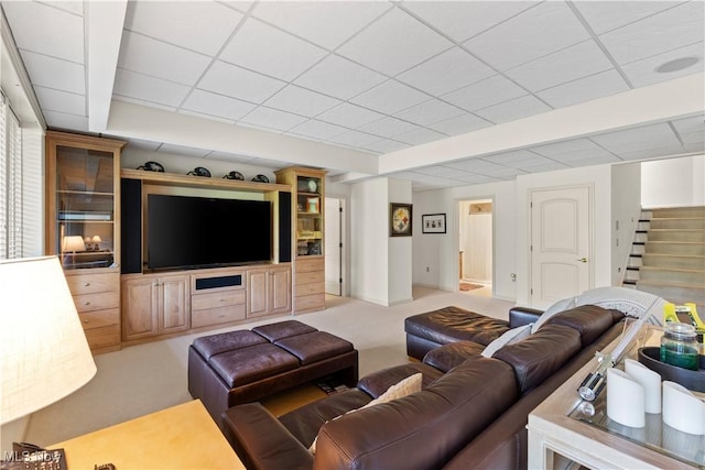 112 Caraplace, Wintersville, OH 43953 - living area with stairs, carpet flooring, and a paneled ceiling