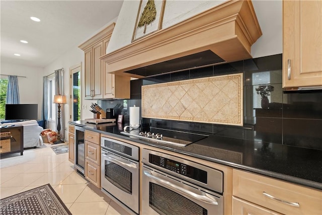 112 Caraplace, Wintersville, OH 43953 - kitchen featuring custom exhaust hood, stainless steel oven, wine cooler, decorative backsplash, and recessed lighting