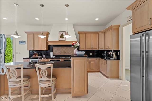 112 Caraplace, Wintersville, OH 43953 - kitchen with freestanding refrigerator, light brown cabinets, dark countertops, and recessed lighting