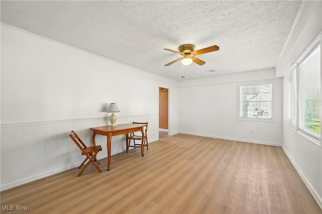 5149 Langfitt St, Vermilion, OH 44089 - living area with light wood-style floors, ceiling fan, and a textured ceiling